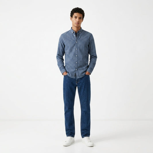 Camisa Lefties Man Cuadros Slim Fit Azul y Blanco - Modelo Hombre Plano Medio Frontal