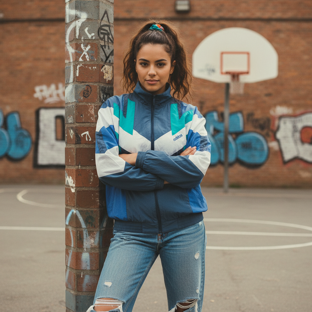 Adidas Originals Windbreaker Jacket – Navy/Teal Chevron 90s (M/L)