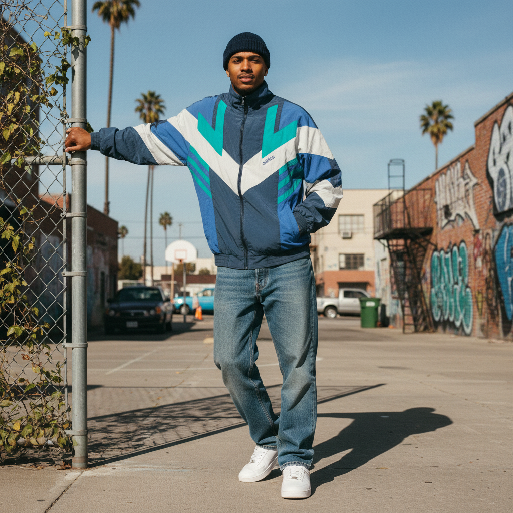 Adidas Originals Windbreaker Jacket – Navy/Teal Chevron 90s (M/L)