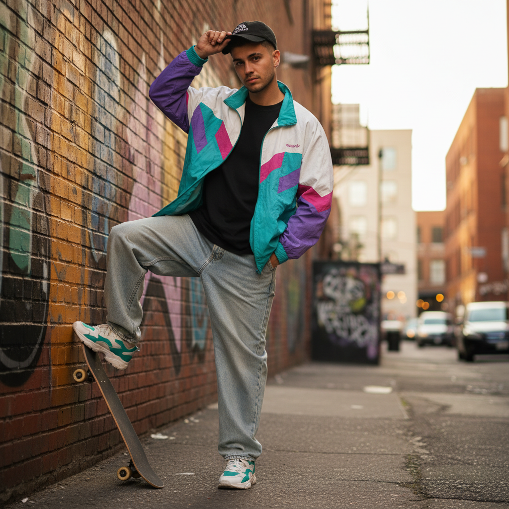 Adidas Originals Track Jacket Vintage Windbreaker 90s – White/Turquoise/Purple (L)