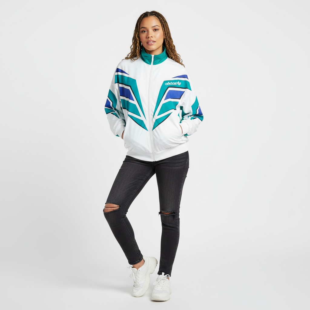 Adidas Originals Track Jacket – White Teal & Navy Chevron 80s/90s