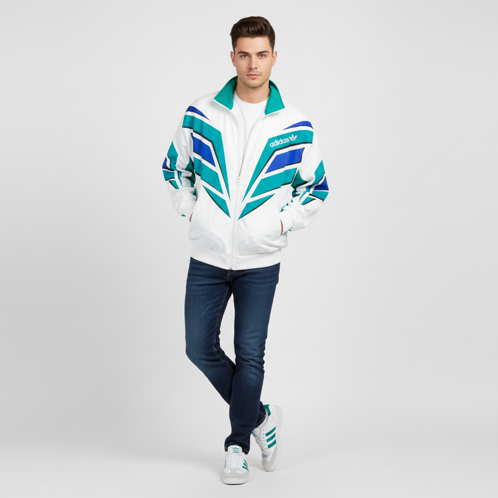 Adidas Originals Track Jacket – White Teal & Navy Chevron 80s/90s