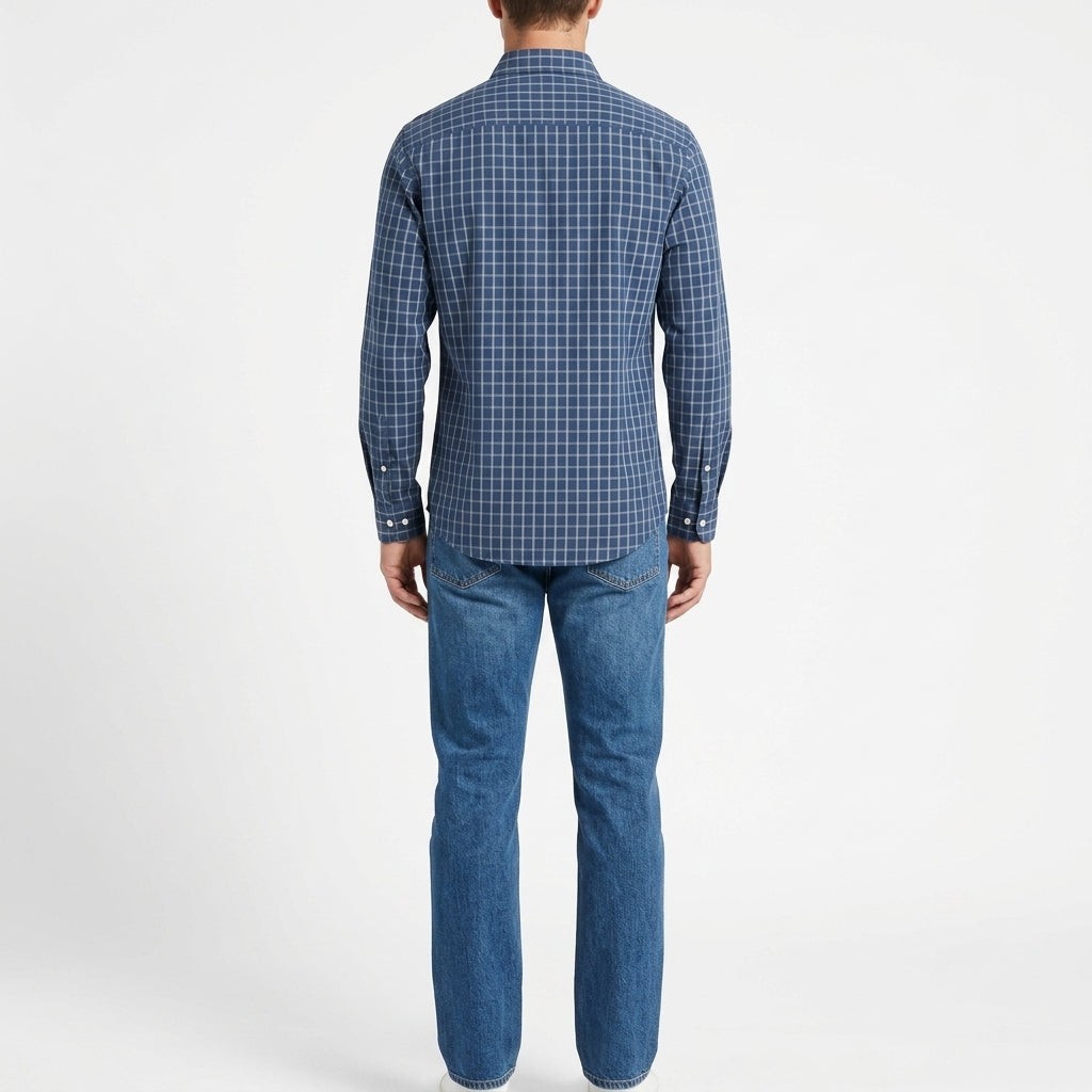 Camisa Lefties Man Cuadros Slim Fit Azul y Blanco - Modelo Hombre Plano Medio Espalda