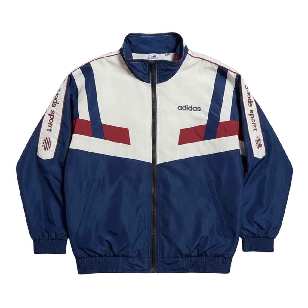 Chaqueta deportiva vintage Adidas Originals de originals vault en blanco, azul marino y granate con diseño chevron.